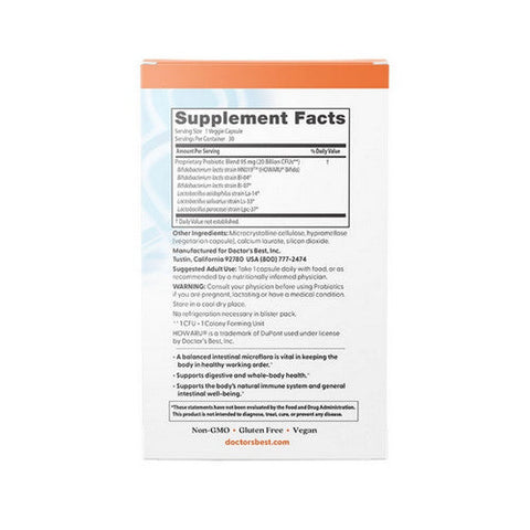 Doctors Best, Digestive Probiotic With Howaru, 20 Billion CFU, 30 Veggie Caps Doctors Best