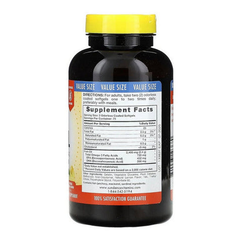 Sundance, Fish Oil Omega-3 Coated Softgels Odorless Natural Lemon, 150 Caps Sundance