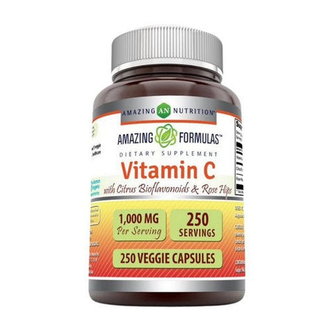 Amazing Nutrition, Amazing Formulas Vitamin C (Ascorbic Acid) with Rose Hips & Citrus Bioflavonoids, 1000 mg, 250 Veg Caps Amazing Nutrition