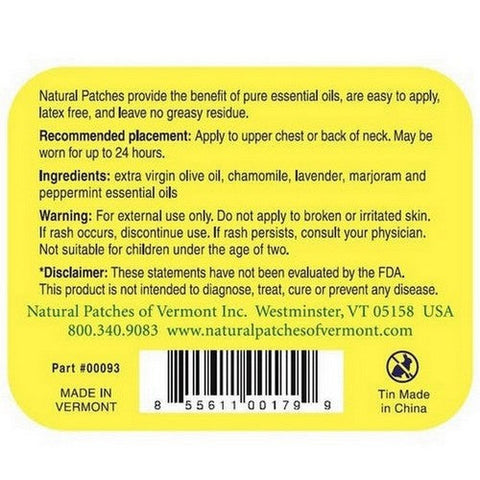 Natural Patches of Vermont, Vermont Chamomile Soothing Migraine Formula Essential Oil Patch, 10 Count Natural Patches of Vermont