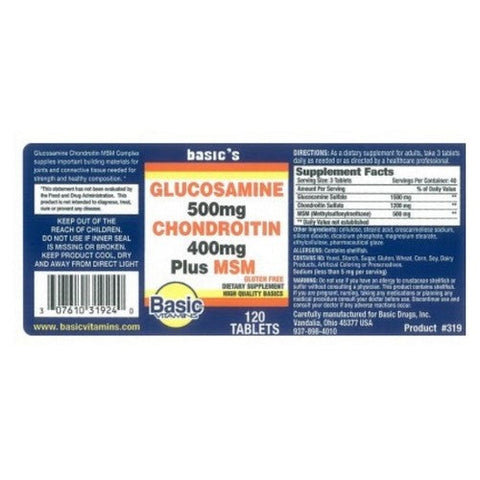 Basic Vitamins, Glucosamine Chondroitin Plus MSM, 120 Tabs Basic Vitamins