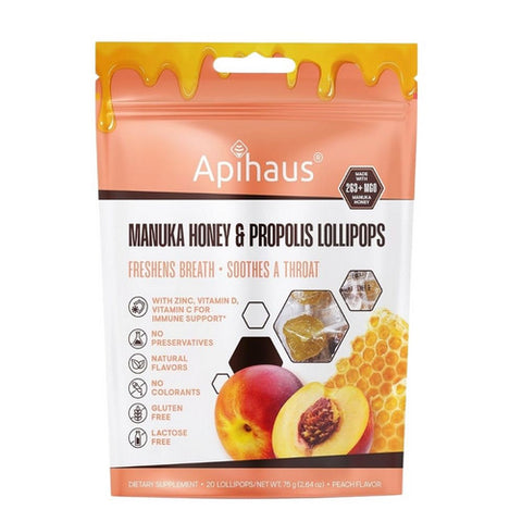 Manuka Honey & Propolis Lollipops Peach 20 Lozenges by Apihaus