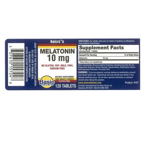 Basic Vitamins, Melatonin Tablets, 10 Mg, 120 Count Basic Vitamins